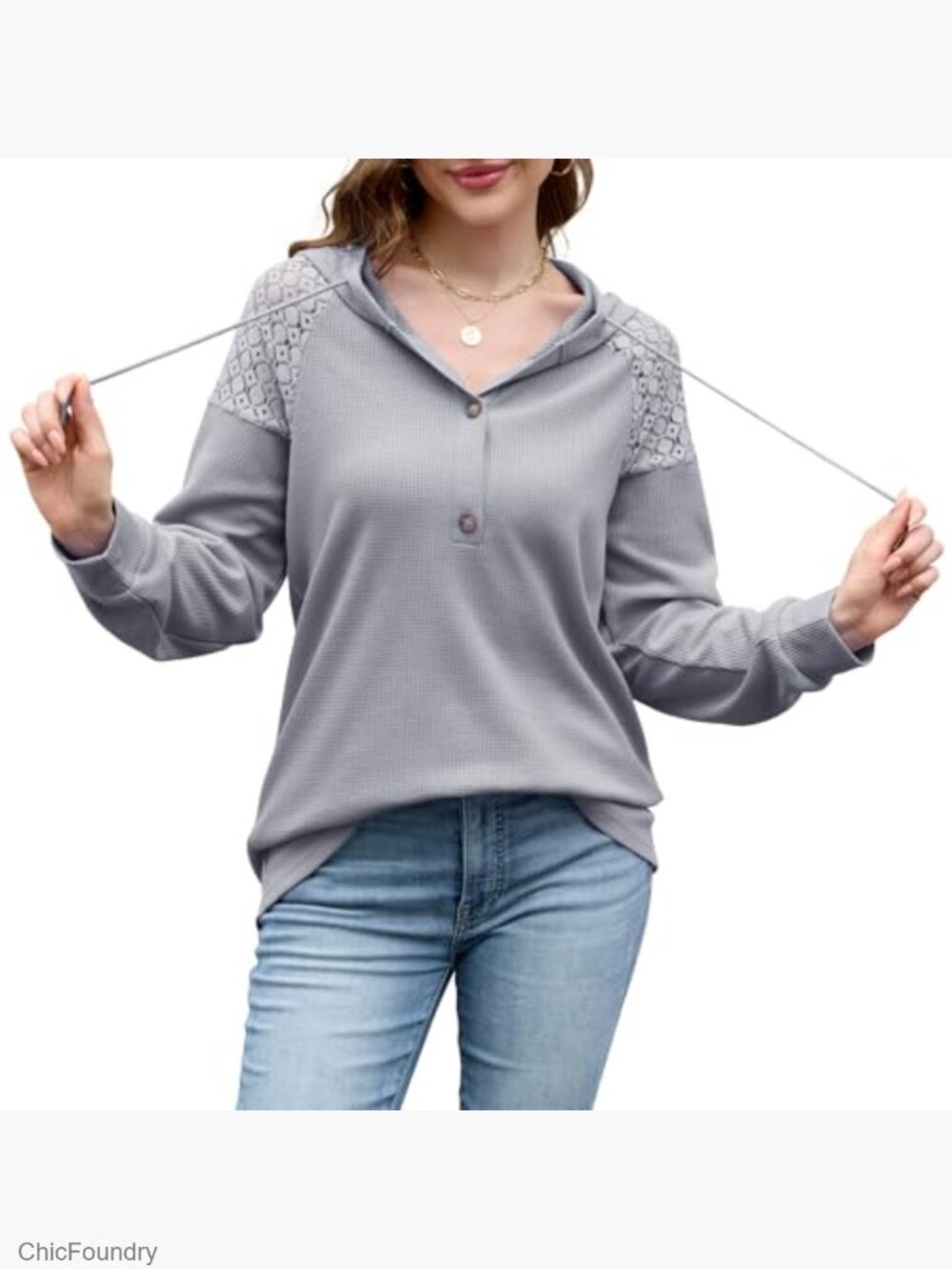 Waffle Knit Hoodie Oversized Pullover Lace Sleeve Casual Sweatshirt - Picture 2 of 7